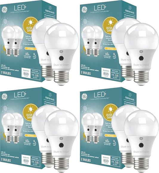 GE LED+ A19 Dusk to Dawn LED Light Bulbs, Automatic On/Off Outdoor Security Light, Soft White (8 Pack)