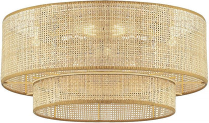 Boho Caged Ceiling Fans with Lights,Rattan Fandelier Ceiling Fans with Lights and Remote Control, Coastal Enclosed Flush Mount with Reversible 6 Speeds for Bedroom Dining Room Kitchen