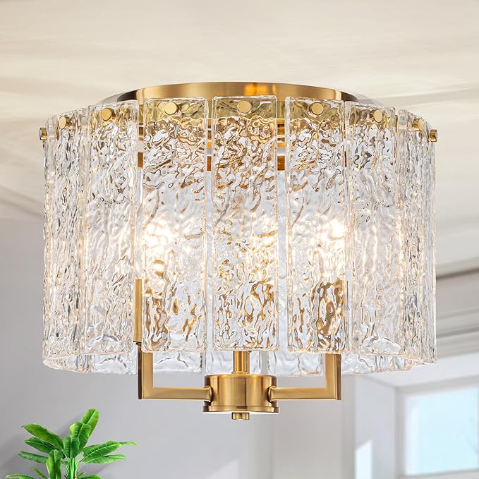 LumFurn 3-Light Modern Ceiling Light for Living Room, Bedroom, Foyer, Kitchen, Close to Ceiling Flushmount Light Fixture, D12.6 x H10.4 in, Handmade Glass Shade & Gold Finish Frame