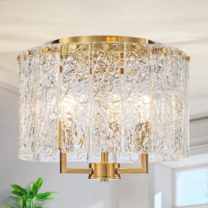 LumFurn 3-Light Modern Ceiling Light for Living Room, Bedroom, Foyer, Kitchen, Close to Ceiling Flushmount Light Fixture, D12.6 x H10.4 in, Handmade Glass Shade & Gold Finish Frame