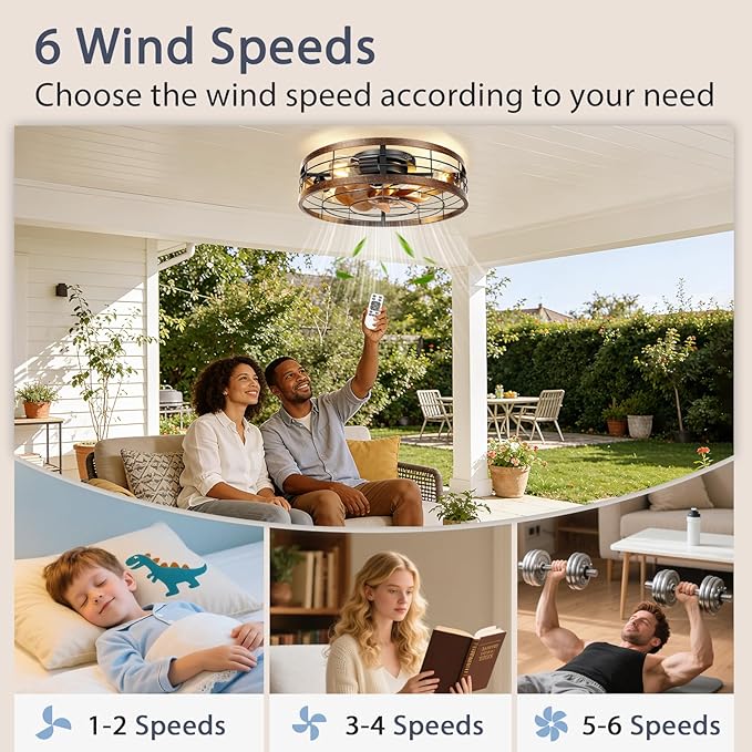 VOLISUN Farmhouse Caged Ceiling Fans with Lights Flush Mount, 19.7'' Rustic Low Profile Ceiling Fan with Light and Remote, Bladeless Fandelier Ceiling Fans with Lights for Kitchen, Bedroom-Gold