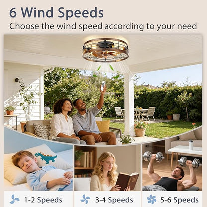 VOLISUN Farmhouse Caged Ceiling Fans with Lights Flush Mount, 19.7'' Rustic Low Profile Ceiling Fan with Light and Remote, Bladeless Fandelier Ceiling Fans with Lights for Kitchen, Bedroom-Gold