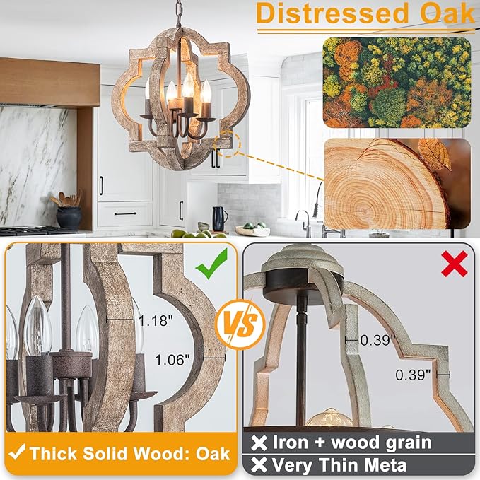 16" Oak Farmhouse Chandeliers for Dining Room Distressed Wood Pendant Light Fixture 4-Light Rustic Ceiling Hanging Light over Table for Kitchen Island Bedroom Entryway Foyer Dimmable & Ajustable Heigh