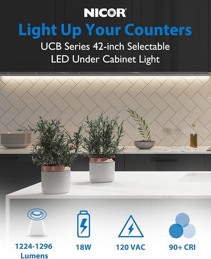 42” LED Direct Wire Under Cabinet Light - Undercounter LED Lights for Kitchen - Selectable CCT 2700K-5000K, 1224-1296 Lumens, 18W - UCB Series Hardwired Under Cabinet Lighting by NICOR Lighting