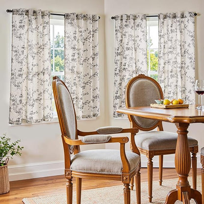jinchan Floral Kitchen Curtains 54 Inch Linen Tier Curtains Farmhouse Cafe Half Window Drapes for Small Windows Light Filtering Black on Beige for Living Room Bathroom Back Tab 2 Panels