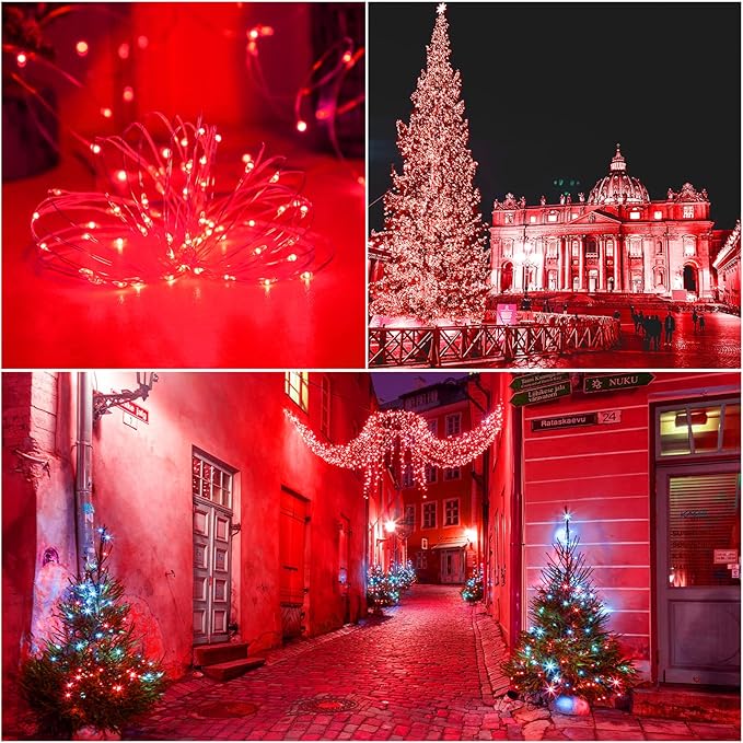 Red Solar Christmas String Lights Outdoor Waterproof, 2Pack Total 200Led 8 Modes Copper Fairy Lights, Solar Powered Outside Decorations for Valentines Day, Garden, Patio, Fence, Balcony