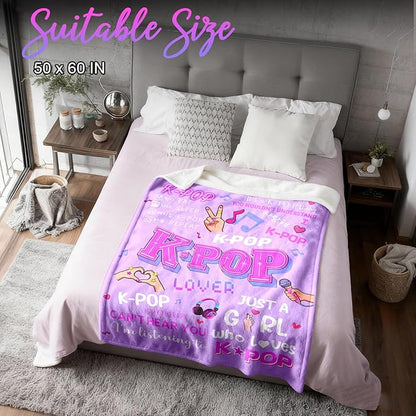 Kpop Gifts Blanket for Teen Girls - Music Gifts for Women Friends K-Pop Fans Lovers, Kpop Merch Stuff, Christmas Birthday Gifts for BFF Girls Women, Just A Girl Who Loves K-pop Blanket 80''x60''