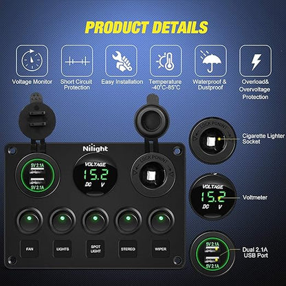 Nilight - 90125E 5 Gang Multi Function Rocker Switch Green Backlit Dual USB Charger + Digital Voltmeter +12V Outlet Pre-Wired Switch Panel with Inline Fuse for RVs Cars Boats Trucks Trailers