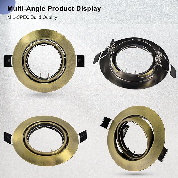 6 Pack Recessed Ceiling Downlight Fitting, Metal Downlight Frame for MR16 GU5.3 Bulbs, Adjustable Holder Applies to Artwork Cabinet, Antique Brass