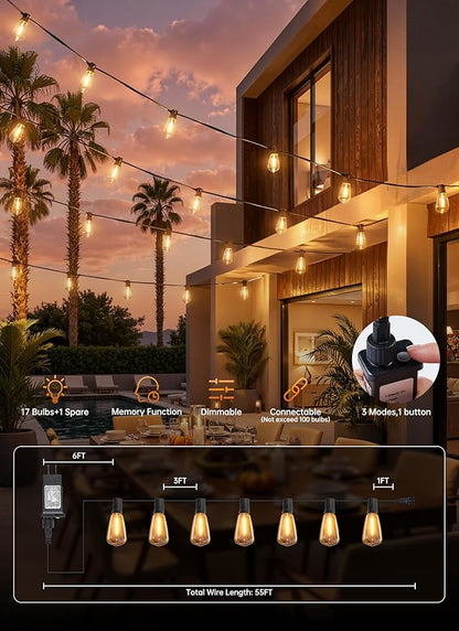 Minetom 55FT Outdoor String Lights with Remote, 17+1 Shatterproof ST38 LED Bulbs, Waterproof Patio Lights with 3 Modes, Dimmable & Connectable 2700K Hanging Lights for Backyard Porch Deck Balcony