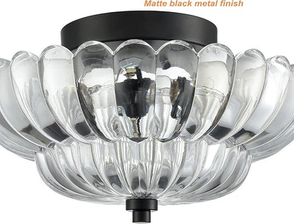 HYDELITE Modern Black Ceiling Light Traditional Semi Flush Mount Ceiling Light with Scalloped Clear Glass for Living Room Hallway Close to Ceiling Light Fixture