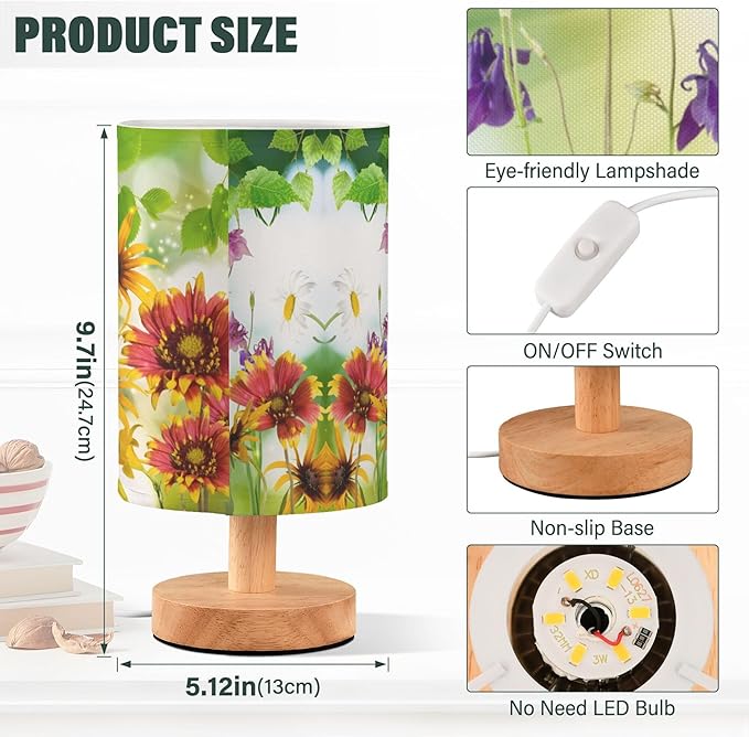 Nature Floral Chrysanthemum Iris Daisy Flower Butterfly Leaf Table Lamp with Wood Base Fabric Lamp Shade Bedside Nightstand Desk Lamp for Living Room Bedroom Kids Room Office