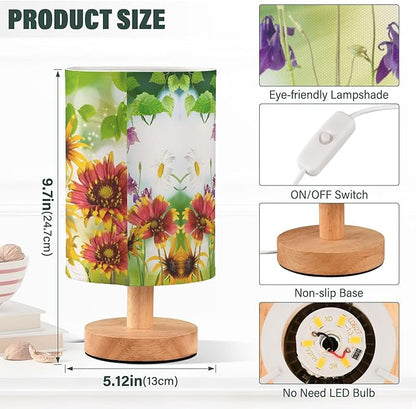 Nature Floral Chrysanthemum Iris Daisy Flower Butterfly Leaf Table Lamp with Wood Base Fabric Lamp Shade Bedside Nightstand Desk Lamp for Living Room Bedroom Kids Room Office