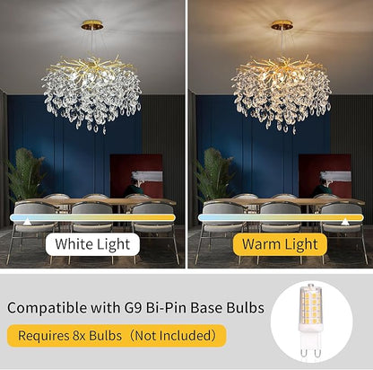 Gold Crystal Tree Branch Chandelier, Modern Round Art Deco Raindrop Lighting Fixture for Dining Room Bedroom Living Room 8 Lights D23.7''