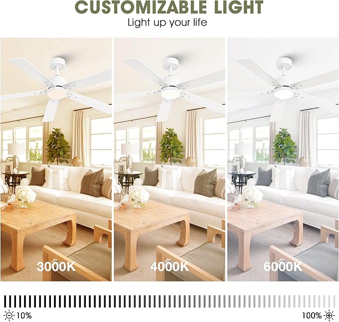 Ceiling Fans with Lights and Remote - 52 Inch Modern Cooling Fan with Noiseless Reversible DC Motor Timer White Ceiling Fan for Bedroom Living Room Dining room