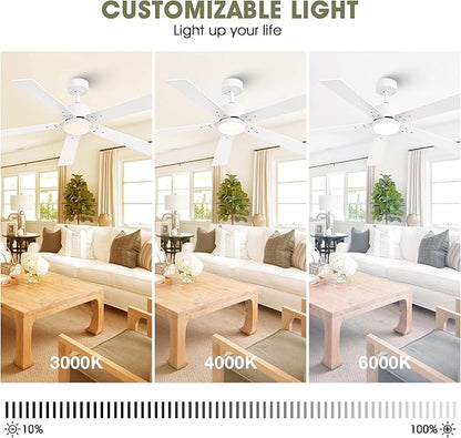 Ceiling Fans with Lights and Remote - 52 Inch Modern Cooling Fan with Noiseless Reversible DC Motor Timer White Ceiling Fan for Bedroom Living Room Dining room