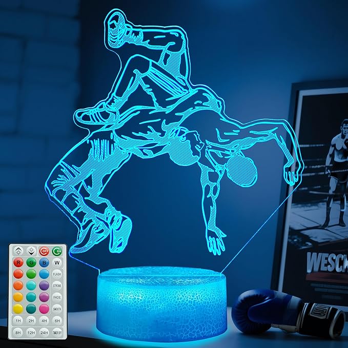 Wrestling Night Light, Wrestler Gifts, Wrestler 3D Illusion Lamp with 16 Colors Changing, Remote Control and Dimmable, Kids Boys Girls Room Decoration, Holiday Xmas Gifts