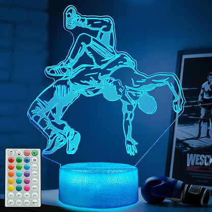 Wrestling Night Light, Wrestler Gifts, Wrestler 3D Illusion Lamp with 16 Colors Changing, Remote Control and Dimmable, Kids Boys Girls Room Decoration, Holiday Xmas Gifts