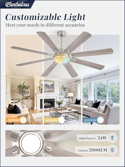 Fanbulous 65 Inch Ceiling Fans with Lights and Remote, Brushed Nickel Ceiling Fan with 8 Dual-Color Blades, Indoor/Outdoor Large Ceiling Fans, Reversible DC Motor, 6-Speed, 3CCT for Living Porch Patio