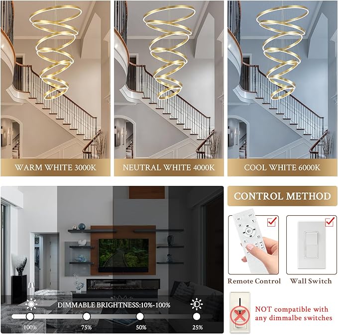 High Ceiling Brushed Gold Ring Chandeliers 7-Ring LED Chandelier Dimmable Modern LED Chandeliers 31" Large Foyer Chandelier Entryway Living Room Staircase, 3000K-6500K