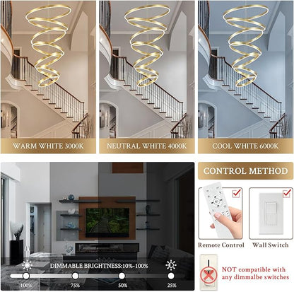 High Ceiling Brushed Gold Ring Chandeliers 7-Ring LED Chandelier Dimmable Modern LED Chandeliers 31" Large Foyer Chandelier Entryway Living Room Staircase, 3000K-6500K