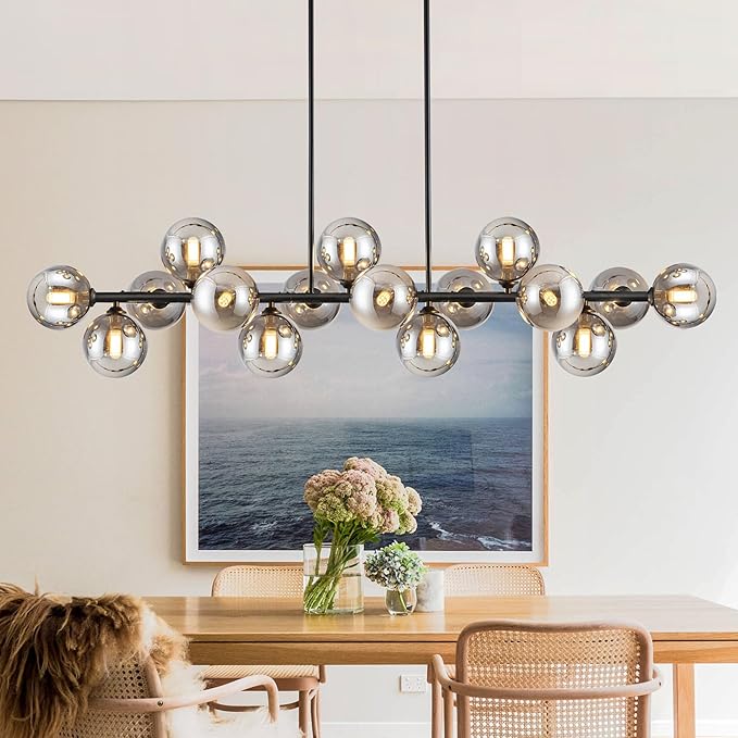Chandelier,16-Light Black Linear Chandeliers for Dining Room Light 55inch Modern Linear Sputnik Chandelier Large Pendant Lights Kitchen Island Bubble Smoke Gray Glass Globe Kitchen Island Chandelier