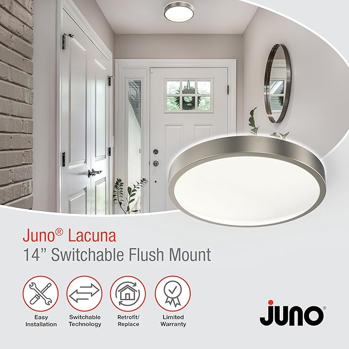 Juno 14 Inch Round LED Flush Mount Ceiling Light, Lacuna Series Low Profile Modern Ceiling Light Fixture, 5-in-1 Switchable White Color Temperature, Dimmable, Brushed Aluminum