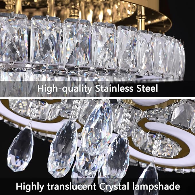 HAIXIANG Modern Glam Chandelier LED Crystal Light Interior Luxury Ceiling Chandeliers Remote Dimmable Lights Fixture 40 Inches Gold Large Size Light