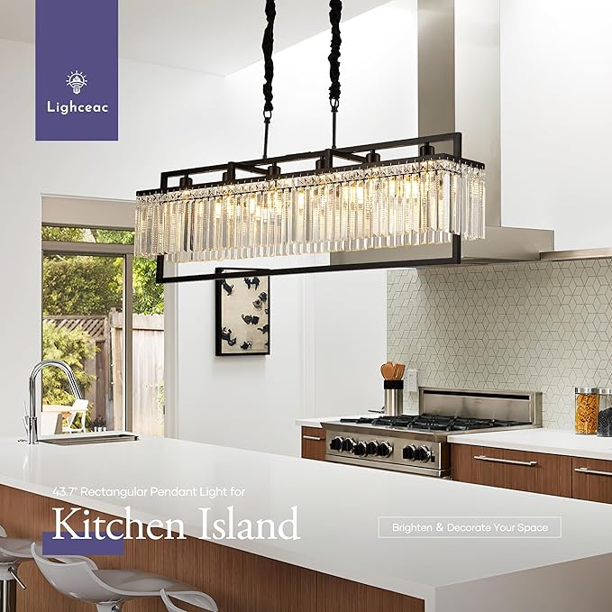 43.7" Modern Black Crystal Chandeliers for Dining Room, Luxury Rectangle 6-Light Kitchen Island Lighting, Linear Hanging Ceiling Pendant Light Fixture for Pool Table Entryway Foyer Hallway