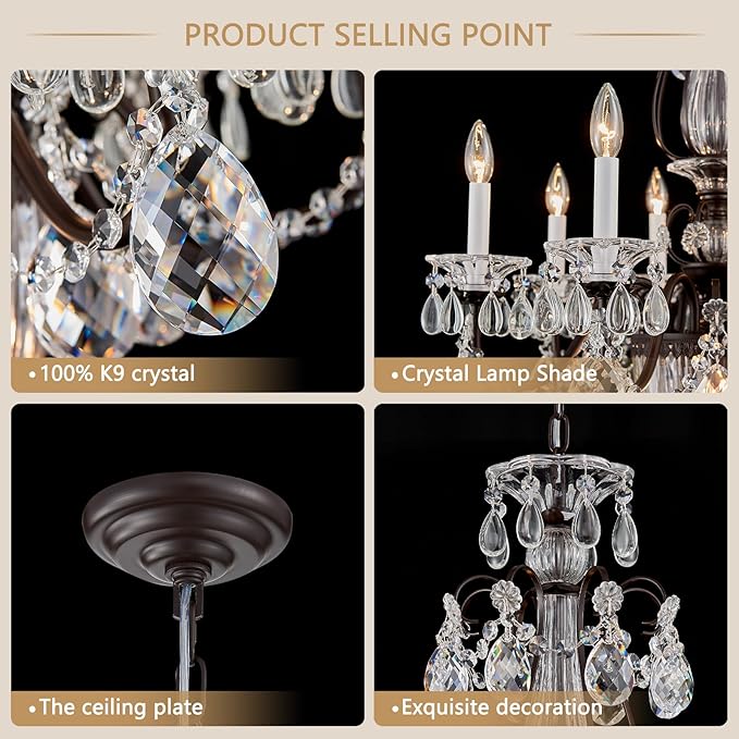 Crystal Chandelier for Dining Room, 8-Light Vintage Brown Chandelier, Pendant Ceiling Light Fixture for Living Room Hallway Entryway Foyer Staircase 30.3" H x 26.8" D