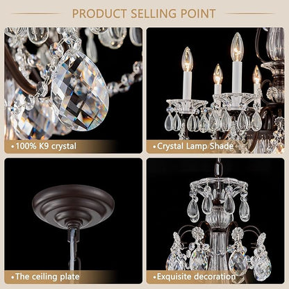 Crystal Chandelier for Dining Room, 8-Light Vintage Brown Chandelier, Pendant Ceiling Light Fixture for Living Room Hallway Entryway Foyer Staircase 30.3" H x 26.8" D