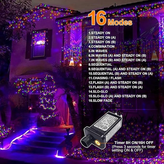 LAMPHOME Orange Purple Green Halloween String Lights Outdoor, 32.5FT 100 LED Waterproof Christmas Lights with 16 Lighting Modes for Halloween Garden Party Christmas Xmas Tree Lights Decor
