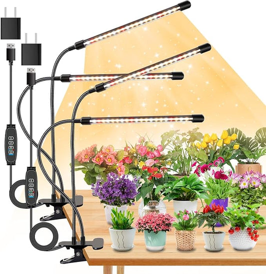 SDOVUERC 4 Heads Grow Lights for Indoor Plants, Full Spectrum LED Plant Lamps with Clips and 120 inch Cables for Seeding Growing(with Adapter)