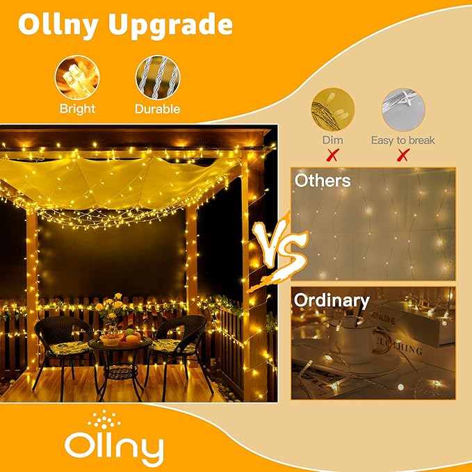 Ollny 120LED 40FT String Lights, Waterproof Connectable Fairy Lights with Timer 8 Modes, Warm White Plug in Indoor Light for Bedroom Classroom Outdoor Wedding Christmas Party Decorations