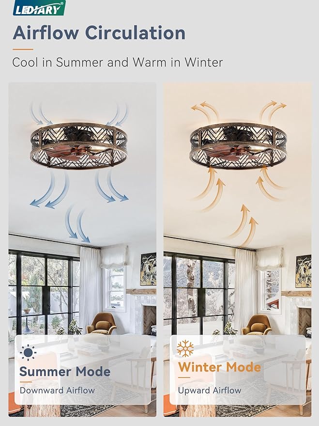 LEDIARY 23" Caged Ceiling Fan with Light, Large Flush Mount, App&Remote Control, Low Profile Bladeless Fan Light Fixture 6 Speed, Reversible and Quiet Motor-Black Gold