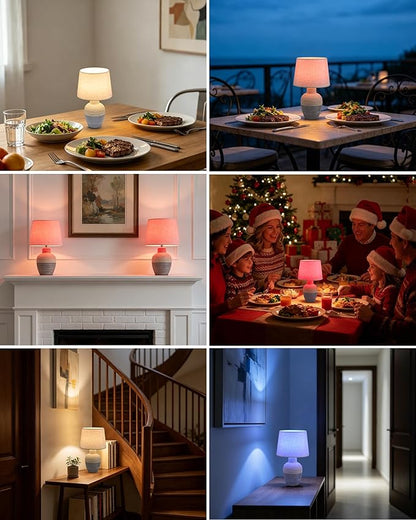 UMEXUS 13" Small Cordless Rechargeable Table Lamp, Ceramic, Remote Control Timer, Dimmer, RGB, Battery Operated, Warm Light Rustic Farmhouse Lamp for Kitchen Living Room Nightstand, Beige & Blue-Gray
