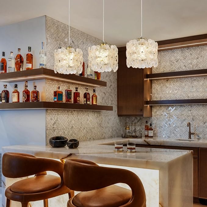 3-Lights Flower Glass Pendant Light for Kitchen Island Modern Gold Linear Chandelier Adjustable Ceiling Pendant Lighting for Bar Dining Room Living Room