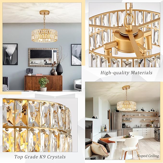 CATINER Small Gold Crystal Chandeliers, Modern Semi Flush Mount Chandelier 4-Light Drum Crystal Ceiling Pendant Light Fixture 12” for Foyer Entryway Kitchen Hallway Dining Room