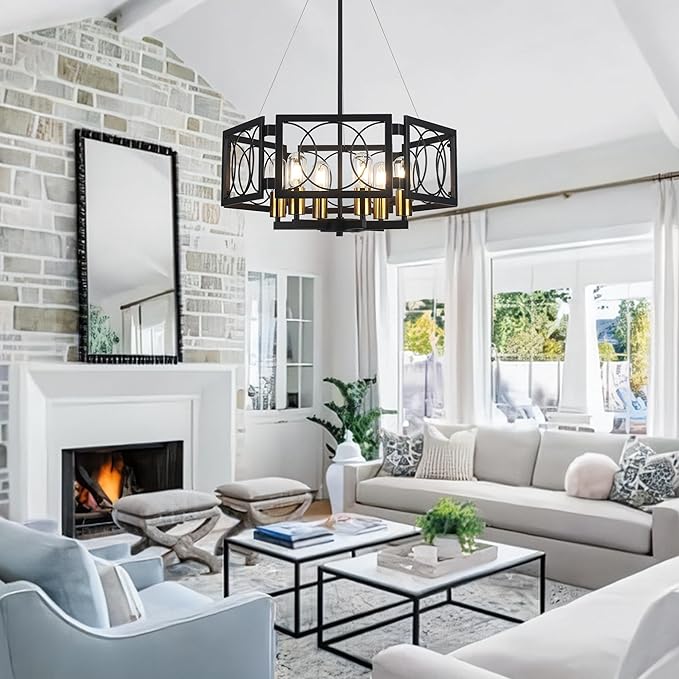 Modern Farmhouse Chandelier- 22.8" Large Pendant Light Fixture Vintage Industrial Metal Light for Dining Room Living Room Kitchen Island Foyer (Black Gold, 6 Lights)