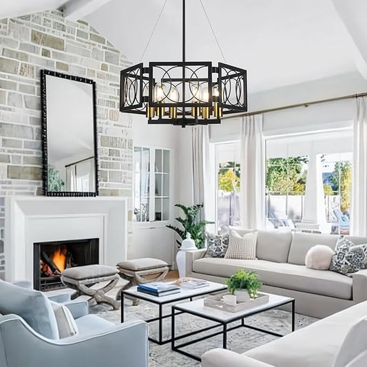 Modern Farmhouse Chandelier- 22.8" Large Pendant Light Fixture Vintage Industrial Metal Light for Dining Room Living Room Kitchen Island Foyer (Black Gold, 6 Lights)