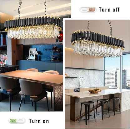 Modern Rectangular Chandelier Black and Gold Crystal Chandeliers for Dining Room 3 Tier 8-Light Oval Contemporary Ceiling Pendant Light Fixture for Kitchen Island Bar Living Room L33 inch