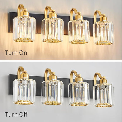 4 Light Crystal Vanity Lights for Bathroom, Modern Matte Black and Gold Wall Lighting Fixtures with Crystal Round Shade Over Mirror (Exclude Bulb)