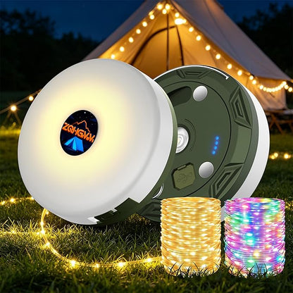 Camping String Lights Rechargeable, 32.8ft Retractable String Lights, Waterproof Indoor/Outdoor Use, 8 Modes, 4-in-1 Quick Storage Portable Lamp, Suitable for Camping, RVs, Parties, Christmas