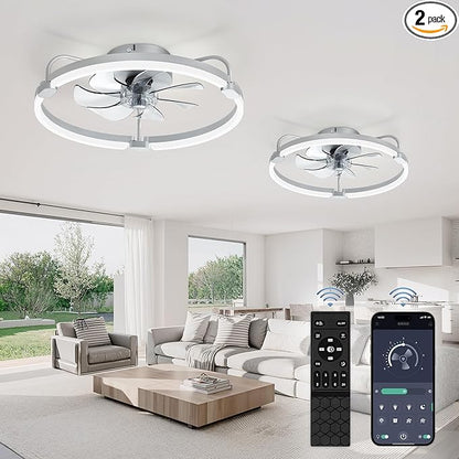 LEDIARY 2 Pack Ceiling Fans with Lights and Remote, 20'' Low Profile Ceiling Fan with Light, 3000-6000K Dimmable Fandelier LED Fan Light, 6 Wind Speeds, Grey Flush Mount Ceiling Fan for Bedroom