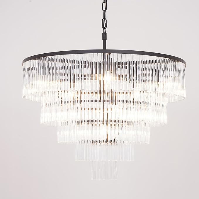 Modern Multi-Tier Crystal Chandelier 5-Tier Round Black Finish Ceiling Light -Cylindrical Glass Rods -Dining Room Living Room Bedroom Entryway -Luxury Lighting Fixture 27.5''