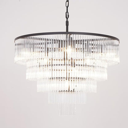 Modern Multi-Tier Crystal Chandelier 5-Tier Round Black Finish Ceiling Light -Cylindrical Glass Rods -Dining Room Living Room Bedroom Entryway -Luxury Lighting Fixture 27.5''