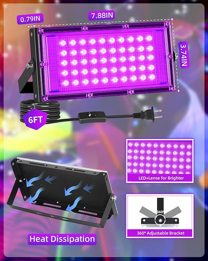 THECHAM 50W LED Black Lights IP66 Waterproof Black Light Outdoor with 5.9ft Plug+Switch, Flood Blacklight for Halloween Glow in The Dark Party Stage Light Neon Glow Birthday 4 Pack