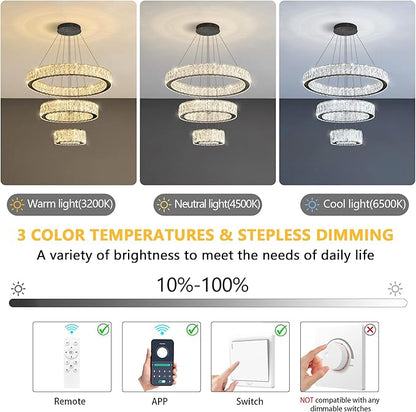 Modern Crystal Chandelier 36W Dimmable LED Ceiling Light Fixture with Remote Luxury Adjustable Pendant Light for Living Room Dining Room Black