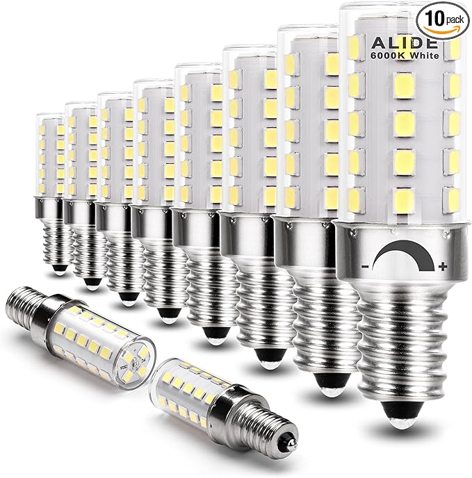 ALIDE Dimmable E12 Led Bulbs 6000k Daylight White 5W,Replace 40 Watt E12 Halogen Equivalent,T6 Base 120V E12 C7 LED Candelabra Bulbs Bright White for Ceiling Fan Chandelier Lighting,450lm,10Pack