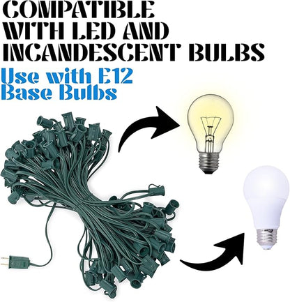 HLO Lighting C7 Light Strings | 25' Green Cord with 12" Socket Spacing, E12 Christmas Light Stringer